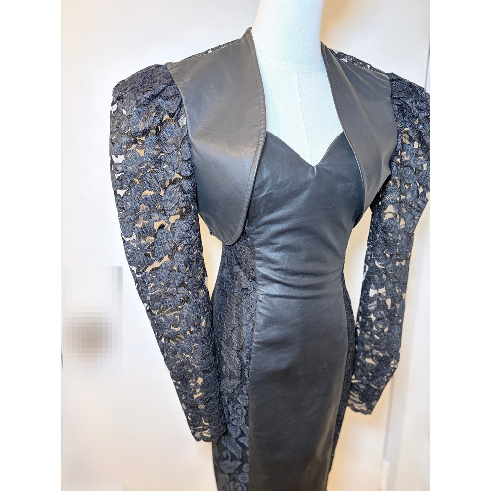 Karen Okada Climax Black Faux Leather Lace Dress Bolero Set Womens XS Excellent